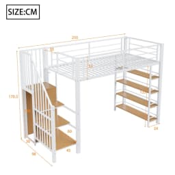 90*200cm High Loft Bed with Safety Staircase, Storage Room & Small Wardrobe, Recessed Floors & Tall Guardrails, Single Bed