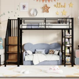 90*200cm High Loft Bed with Safety Staircase, Storage Room & Small Wardrobe, Recessed Floors & Tall Guardrails, Single Bed
