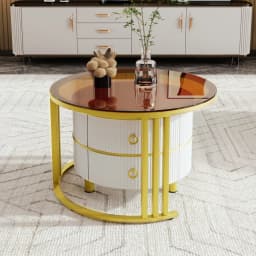 2-in-1 Round Nesting Coffee Table Set MDF with Tempered Glass 2 Storage Drawers Coffee Table Combination 70*70*45+50*50*40cm