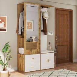 Elegant Wardrobe Set In White And Wooden Colors With Mirror, Shoe Cabinet, Shoe Bench With Hooks And Extendable Wardrobe Bar