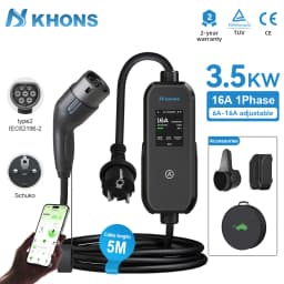 Khons Type2 3.5kW 16A Portable EV Charger Schuko Plug EVSE With App Bluetooth Control 5m TPU Cable For Electric Vehicle