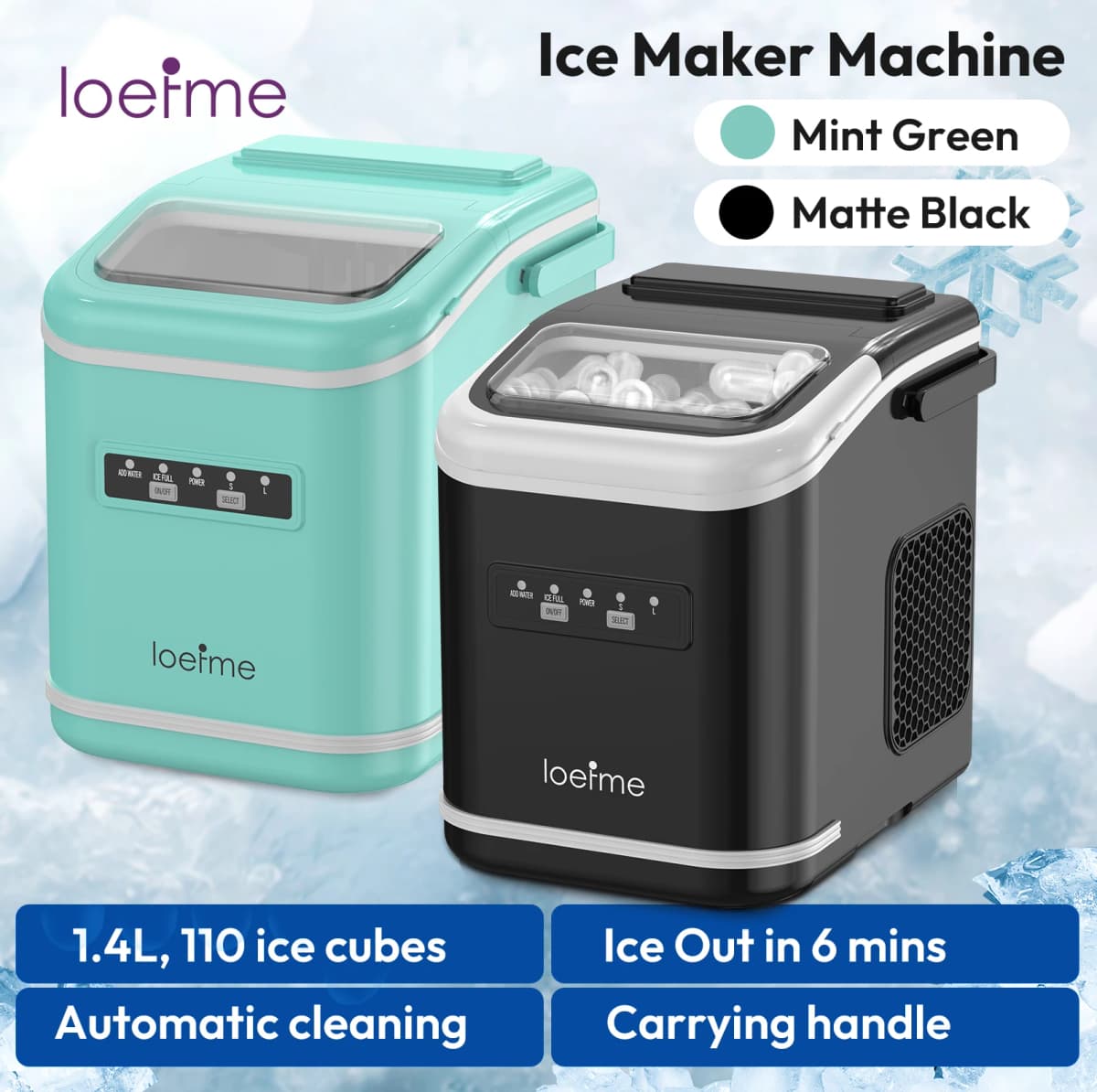 LOEFME 12kg/24h Portable Ice Maker Self-Cleaning 1.4L Ice Maker Machine 2 Sizes Ice Cubes with Handle & Scoop & Basket Included