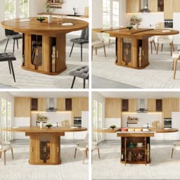 Modern Extendable Round To Oval Dining Table Wood 118-158cm 6 Seater Kitchen Dining Table with Glass Door Storage Home Furniture