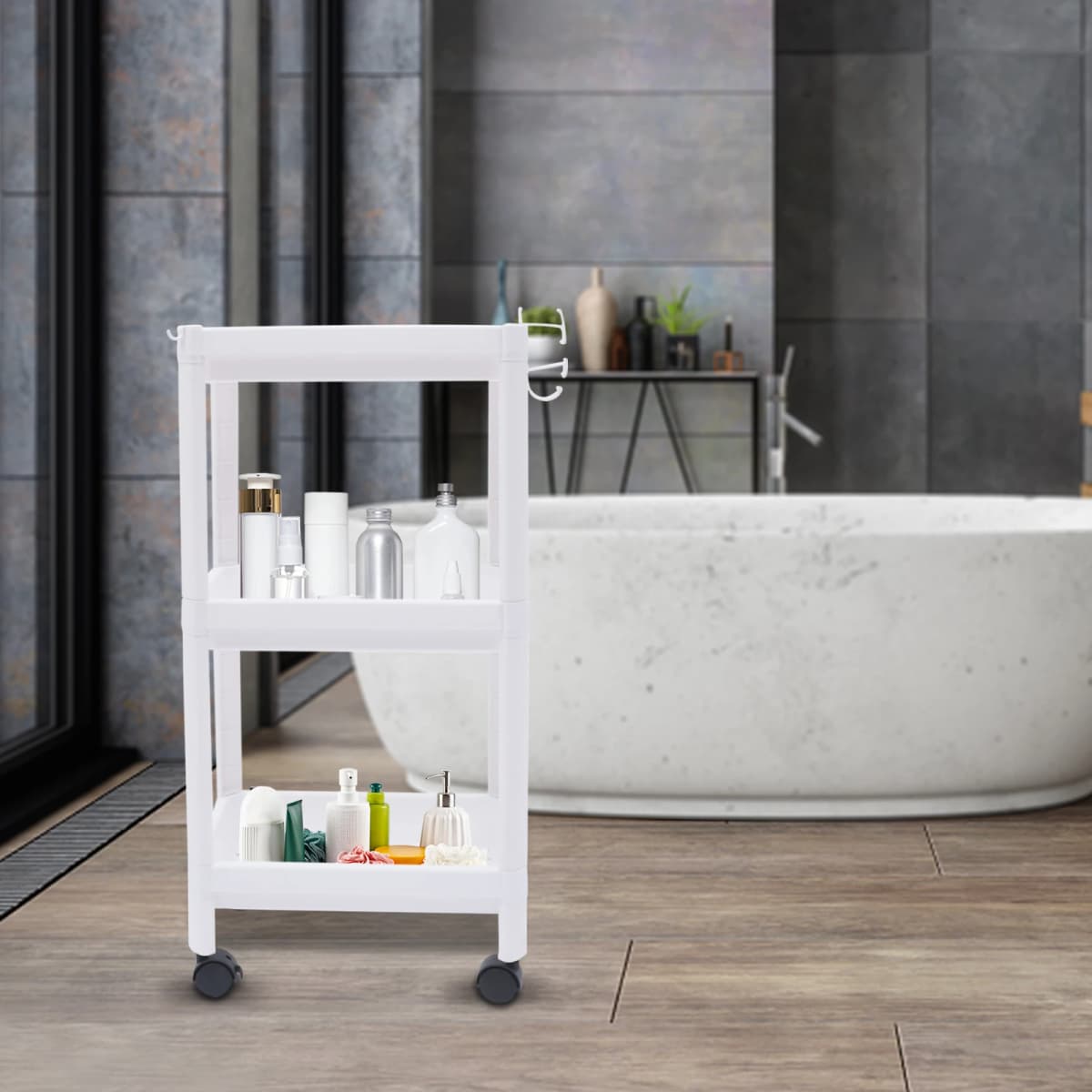 3-Tiers Kitchen Trolley, Serving Trolley, Multi-Purpose Trolley W|4Universal Wheels, Recess Shelf on Wheels for Kitchen, Living