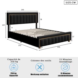 Anajqaqia Double Bed Frame, Black Striped Velvet Fabric, Gold Trim, Light Luxury Style, 140x200/160x200