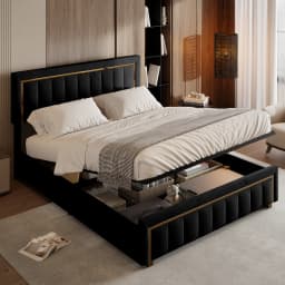 Anajqaqia Double Bed Frame, Black Striped Velvet Fabric, Gold Trim, Light Luxury Style, 140x200/160x200