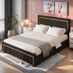 Anajqaqia Double Bed Frame, Black Striped Velvet Fabric, Gold Trim, Light Luxury Style, 140x200/160x200