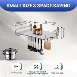 Metal Wall Microwave Holder Shelf, Stainless Steel, Wall Holder Shelf for up to 20 kg, with Hooks, for Items in Kitchen, Bedroom