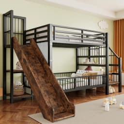 90*200cm Metal Bed for Children, with Slide and Storage Staircase, Bunk Bed with Protective Lattice Door, Integrated Shelves