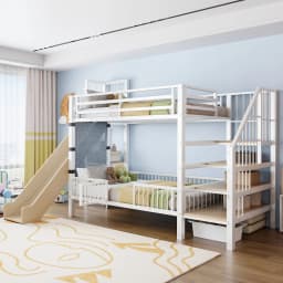 90*200cm Metal Bed for Children, with Slide and Storage Staircase, Bunk Bed with Protective Lattice Door, Integrated Shelves