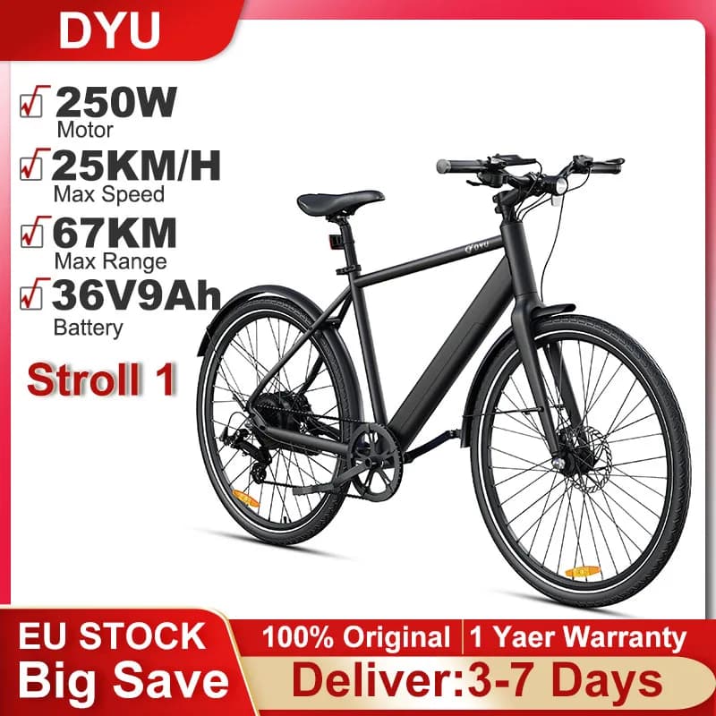 DYU Stroll 1 Electric Bike 250W Motor Electric Bicycle 36V 9Ah Battery 700*38C Tire E-bike 25km/h Max Speed 67KM Adult E-Bicycle