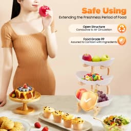 3-Tier Yuanbao Shape Fruit Bowl with Bamboo Wood Stand Food-Grade Snack Dessert Serving Tray Space-Saving Plate Rack for Party