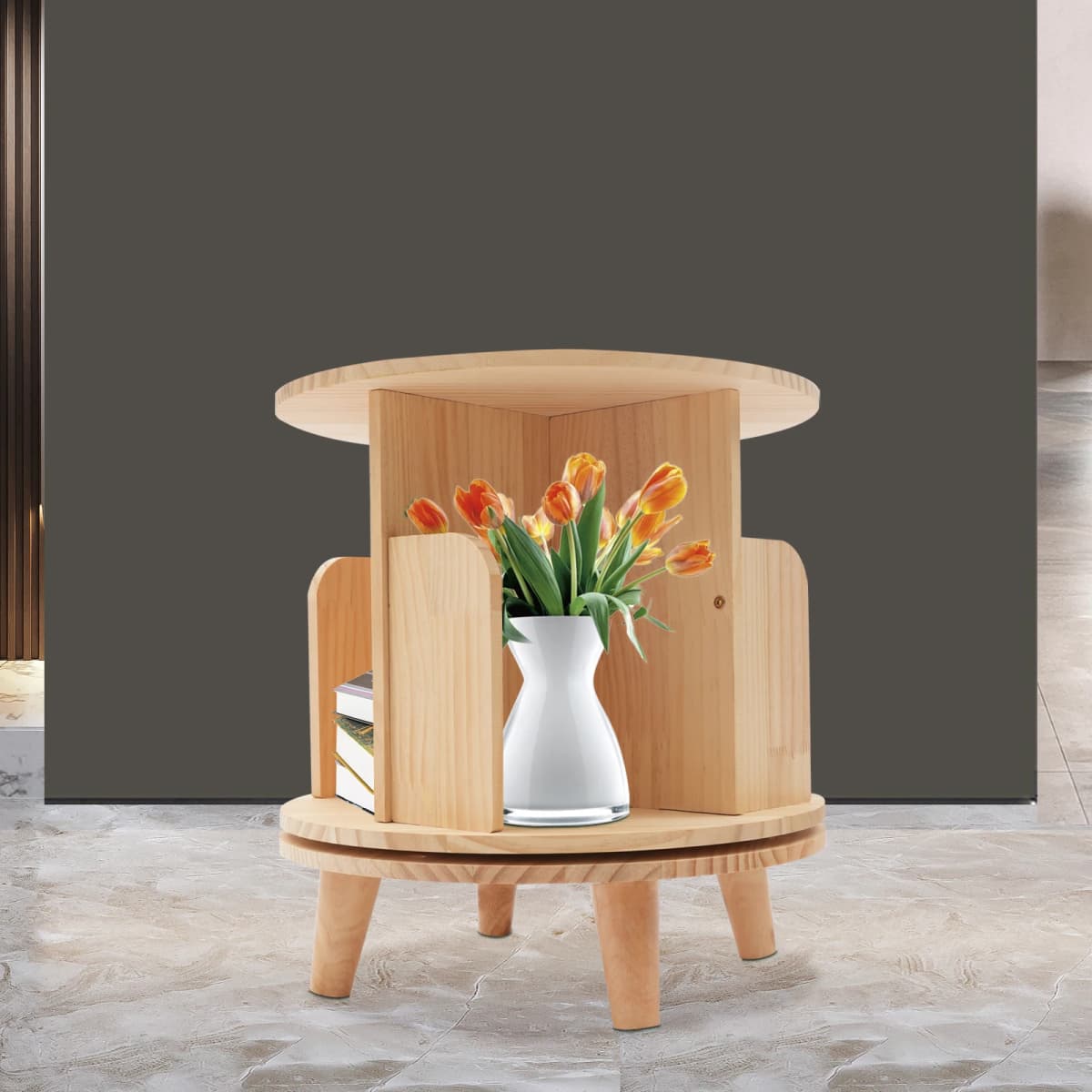 Rotating Bookshelf 360° Spinning Bookcase New Zealand Pine Wood Toddler Display Stand for Toy and Book Storage for Bedroom