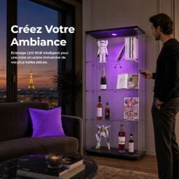 Anajqaqia Glass Display Case, 2 Doors, 4 Shelves, with LED Lights, 80.49 X 36.49 X 163.9 cm, Black