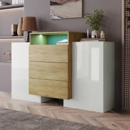 PINGGO Modern Sideboard High Gloss White Wood Color Chest of Drawers Multicolored LED Light Effects Stylish Storage Solution