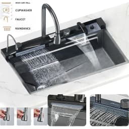 304 Stainless Steel Waterfall Kitchen Sink Large Single Slot Integrated Digital Display Faucet Set Soap Dispenser Cup Washer