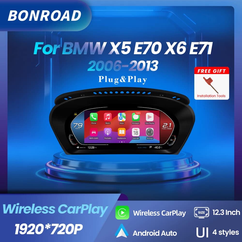 BONROAD 12.3” 1920*720P Wireless Carplay Android Mirror Digital Instrument Cluster For BMW X5 E70 X6 E71 Dashboard Speedometer