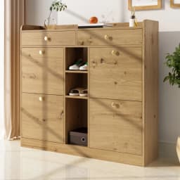 110 X 26 X 100cm Elegant Wooden Shoe Cabinet with 4 Folding Doors, 2 Drawers, 3 Open Compartments, for Modern Hallways Entrance