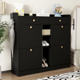 110 X 26 X 100cm Elegant Wooden Shoe Cabinet with 4 Folding Doors, 2 Drawers, 3 Open Compartments, for Modern Hallways Entrance