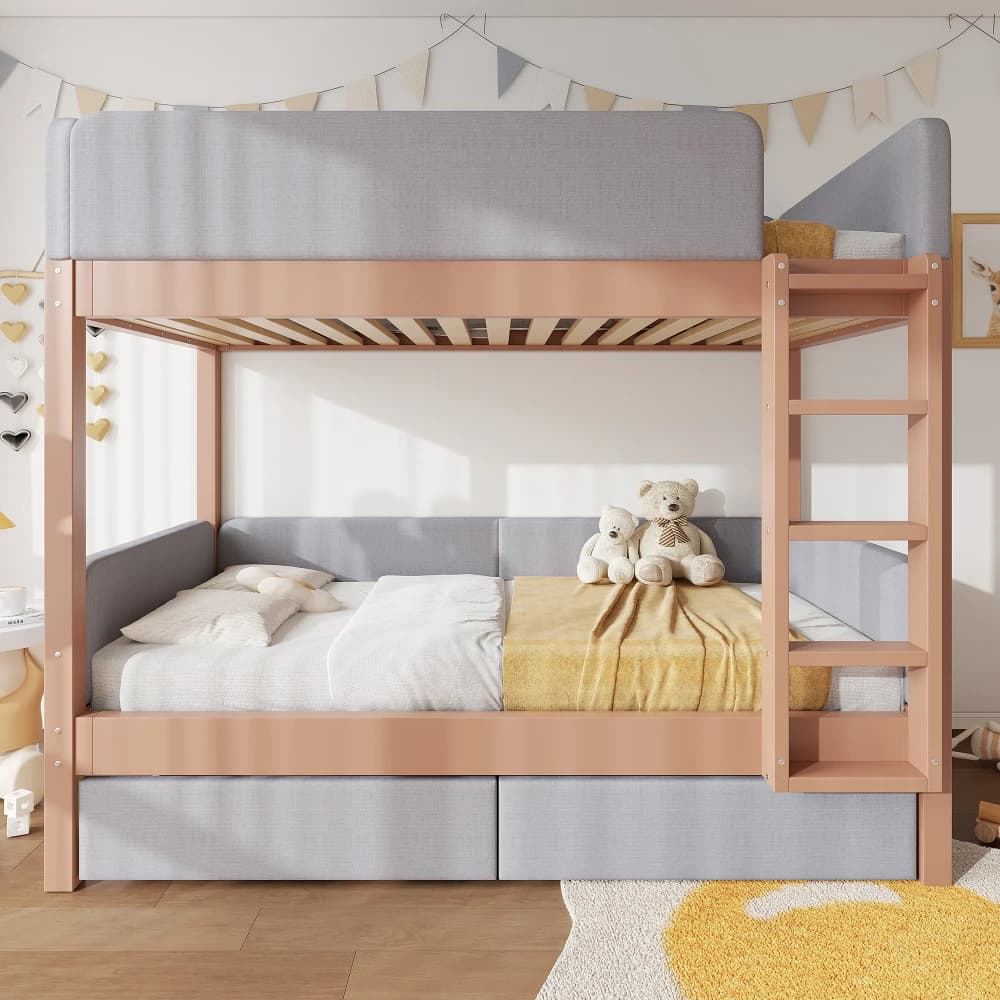 90x200cm Bunk Bed with Baby Cot Soft Anti-collision Sponge Edge Four-level Straight Staircase 2 Drawers Stable Slat Grille
