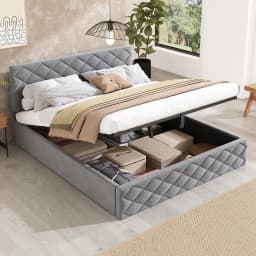 Komhtom Grey Hydraulic Upholstered Bed 140X200Cm Simple Elegant Design Storage Slatted