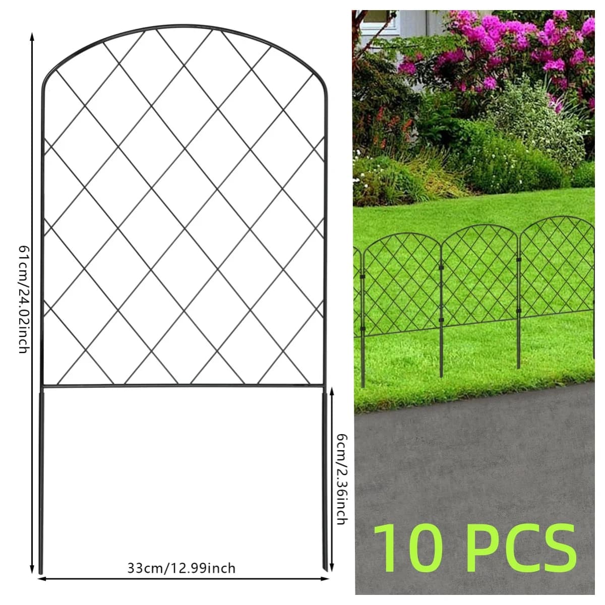 No-Dig Metal Landscape Fence - 10-Pack 60x33cm Decorative Fence for Flower Bed/Yard/Animal Protection