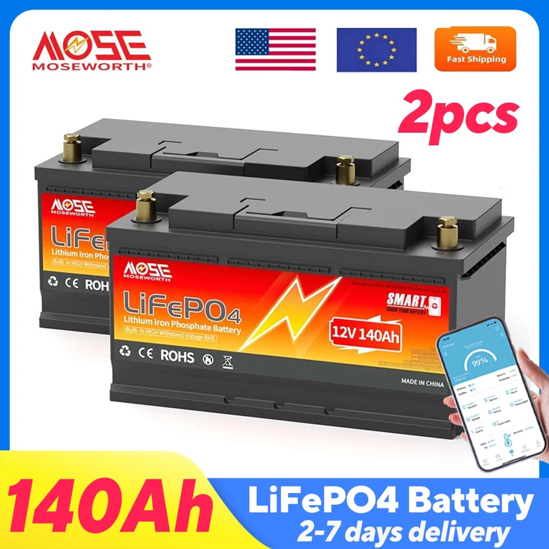 MOSEWORTH 2pcs 12V 140Ah LiFePO4 Lithium Battery Built-in 100A Bluetooth BMS Deep Cycle LiFePO4 Battery for Trolling Motor RV