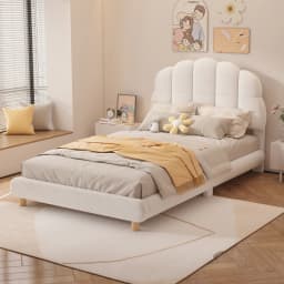 90x200cm White Flat Baby Cot Plush Upholstered Toddler Bed with Cute Headboard Kids Single Bed Frame