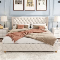180x200cm Linen Upholstered Bed with Lattice Headboard Button Rivet Design Solid Wood Legs Without Mattress109