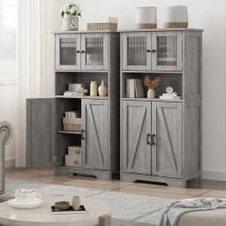 HAUSPROFI Tall Storage Cabinet 128cm with Glass Doors – Adjustable Shelves, Damp-Resistant for Kitchen, Bathroom & Hallway