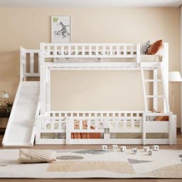 Bunk bed, 90 x 200 cm and 140 x 200 cm, railing, pine wood, slide, steps, EN747, multiple shelves, pull-out small door