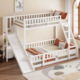 Bunk bed, 90 x 200 cm and 140 x 200 cm, railing, pine wood, slide, steps, EN747, multiple shelves, pull-out small door
