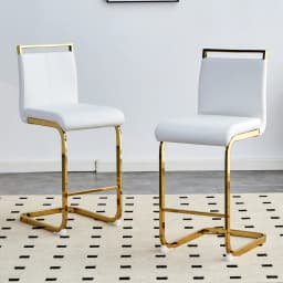 Nordic Bar Stools Set of 2 High Quality White Synthetic Leather Gold Metal Legs 96.5cm Kitchen Stool