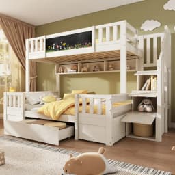 Bunk bed for 3 children 90x200 & 140x200 made of solid wood with chalkboard, storage stairs, drawers and ladder cabinet