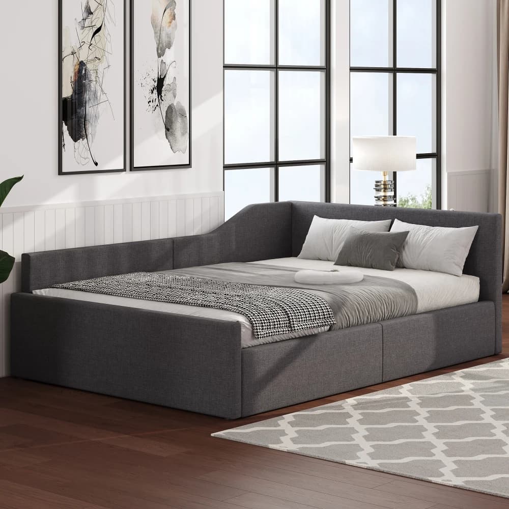 Space Saving Sofa Bed 140x200cm Grey Multifunctional Upholstered Daybed with Storage for Small Rooms