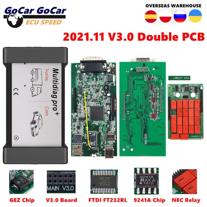 Multidiag Pro 2021.11 Real 9241A V3.0 Red NEC Relays Double PCB Bluetooth OBD2 Diagnostic Scanner for Car/Truck