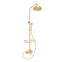Vintage Bronze Shower System with Shelf, Brass Construction 20cm Overhead Shower, Adjustable Rod 85-132cm, 3-Hole Wall Mount