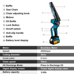 Gisam 8Inch Brushless Electric Chainsaw Cordless Woodworking Chain Saw Logging Cutter Power Tools For Makita 18V Battery Pins