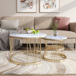 Rosahqnda Marble Look Coffee Table,Round Gold/Black Frame,Set of 2,Modern Living Room Stackable Table,Side Table for Living Room