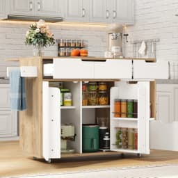 Kitchen Island with Cabinet Doors and Open Compartments Service Trolley with 360° Wheels and Drawers for Easy Mobility