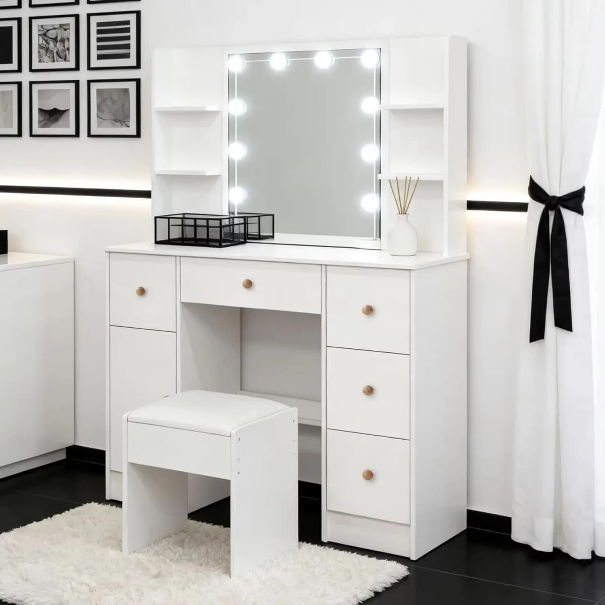 Teousev Modern Vanity Dressing Table Set with LED Lights 3 Color Dimmable 5 Drawers Mirror & Stool Easy Assembly Bedroom Sets