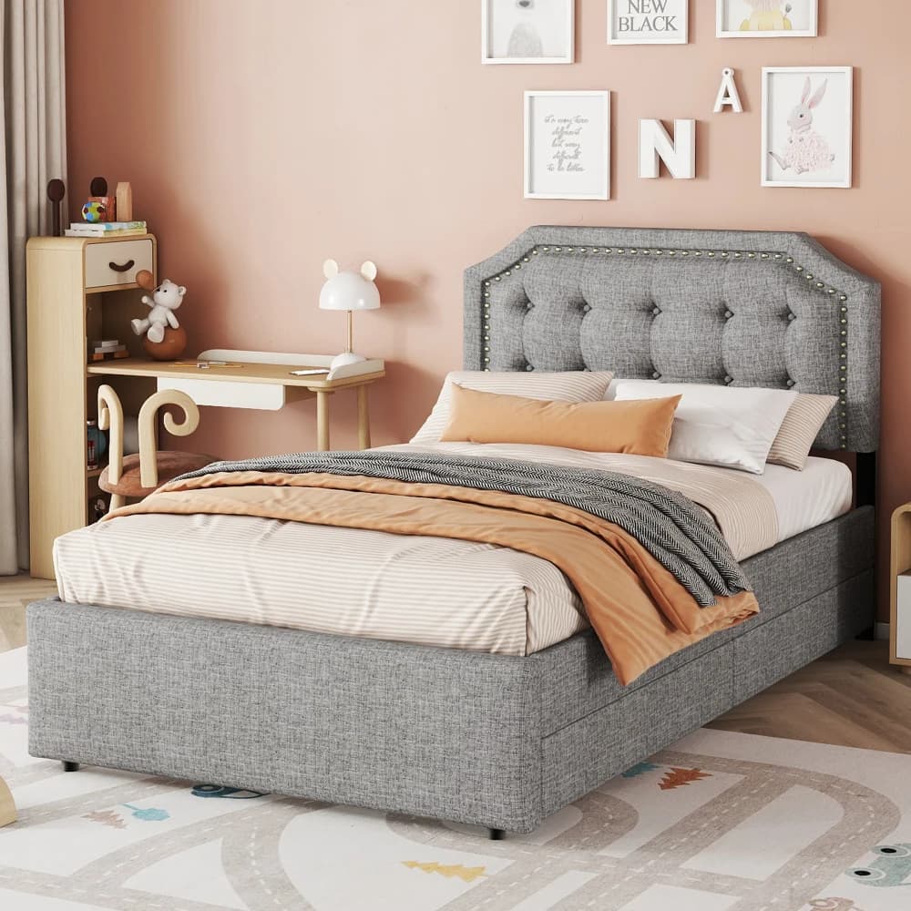 90x200cm Flat Upholstered Bed with Upholstered Nightstand Decorative Rivets&Double Drawers Bedroom Furniture for Small Spaces