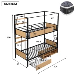 Bunk bed, iron bed,double shelf on the side of the bed, storage space under the bed,bed curtain can be attached to the upper bed