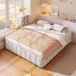 KOMHTOM Upholstered Bed Frame 140×200 cm, with Hydraulic Storage Space and Slatted Base, without headboard and mattress, Linen