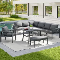 Handwoven L-shaped garden sofa for up to 8 people / Sturdy iron frame with grey cushions / Includes 1 table with marble