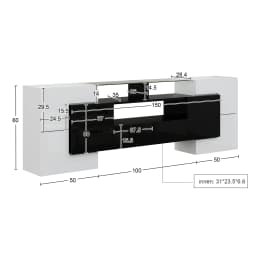 200cm White TV Cabinet, Low panel. High Gloss White and Black, LED Lighting, Living Room Furniture, Modern Design, Glass Surface