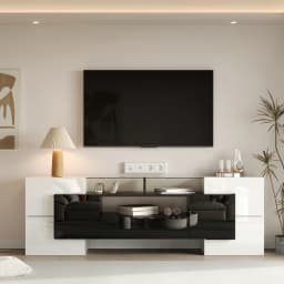 200cm White TV Cabinet, Low panel. High Gloss White and Black, LED Lighting, Living Room Furniture, Modern Design, Glass Surface