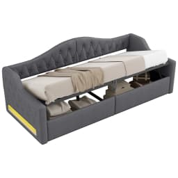 Gray Upholstered 90x200cm Daybed with LED Belt & Storage Space Underneath, MDF + Plywood, Stable Construction, Easy Assembly