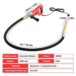 Concrete Vibrator 1600W Handheld Concrete Tool Mixer 5600 rpm Construction Insertion Vibrator with 2M Long Flexible Shaft
