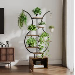 Rosahqnda Plant Stands with Glowing Lights,Creative Iron Indoor Outdoor Plants Stand,Multi-tier metal Frame & wood flower stand